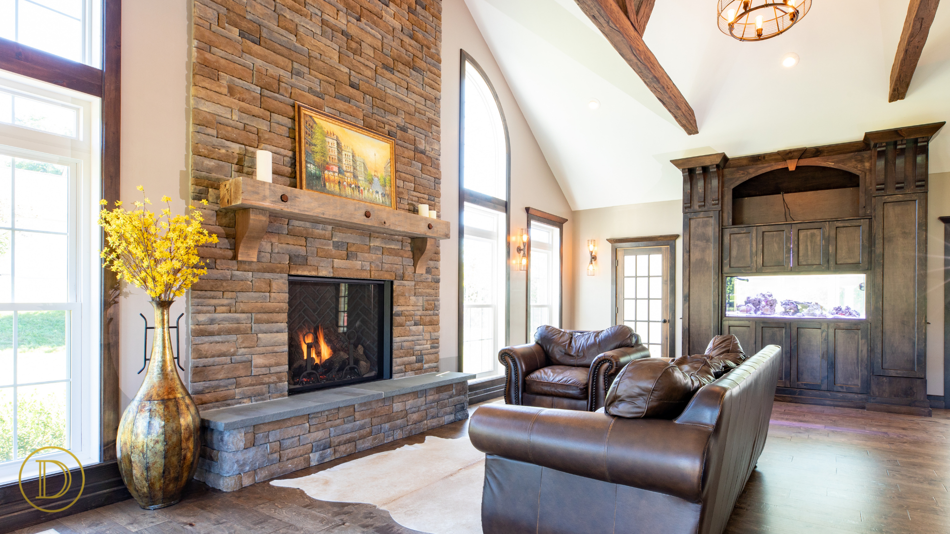 Carpentry Job - Custom living room addition with stone veneer fireplace and access to sunroom